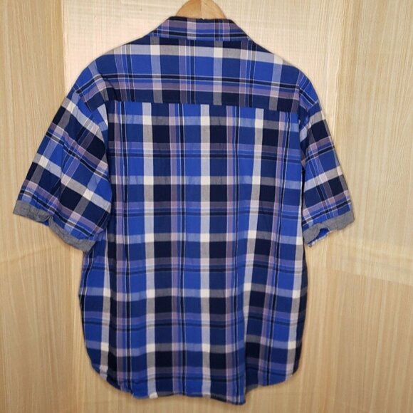 Marc Ecko Mens Ble Plaid Short Sleeve Button Down Shirt 3XLT - Picture 2 of 7